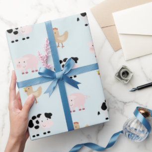 Farm Animals Pattern Blue Wrapping Paper