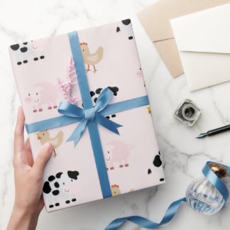 Farm Animals Pattern Pink Wrapping Paper