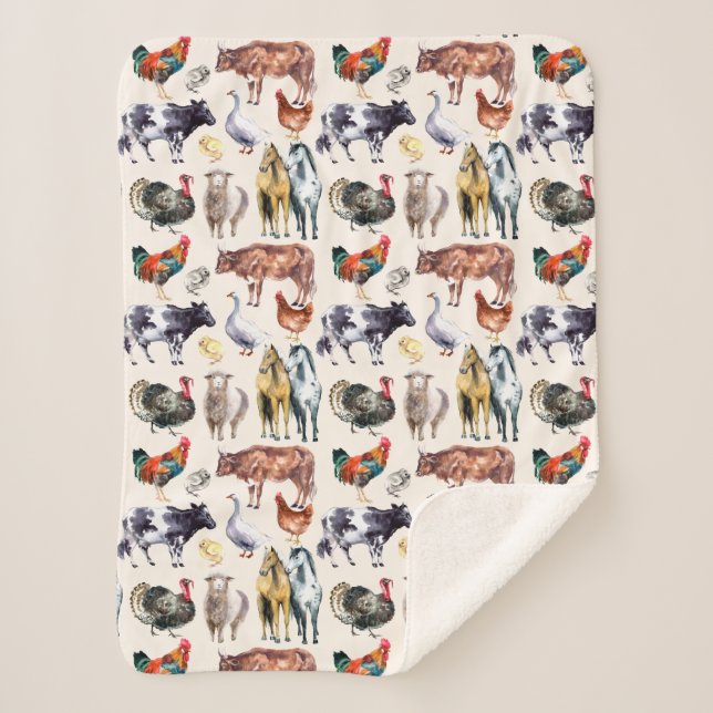 Farm animals pattern watercolor sherpa blanket (Front)