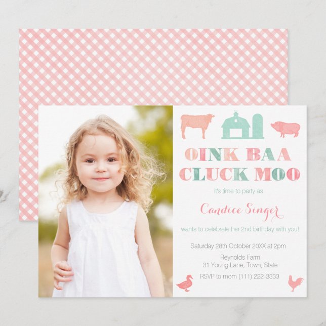 Farm Animals Petting Zoo Party For Girl With Photo Invitation (Front/Back)