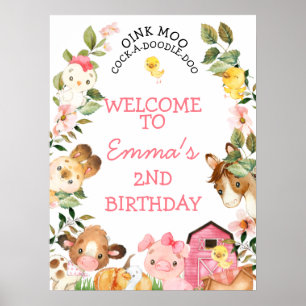 Farm Animals Pink Barn Birthday Welcome Poster