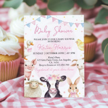 Farm Animals Pink Barnyard Baby Shower Invitation