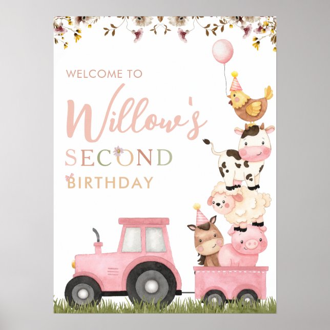 Farm Animals Pink Barnyard Birthday Welcome Poster (Front)