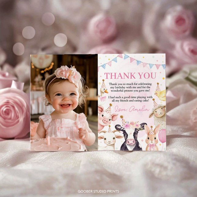 Farm Animals Pink Barnyard Girl Birthday Photo Thank You Card (Creator Uploaded)