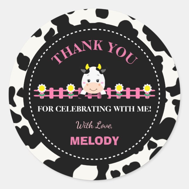Farm Animals Pink Cow Barnyard 1st Birthday Party  Classic Round Sticker (Front)