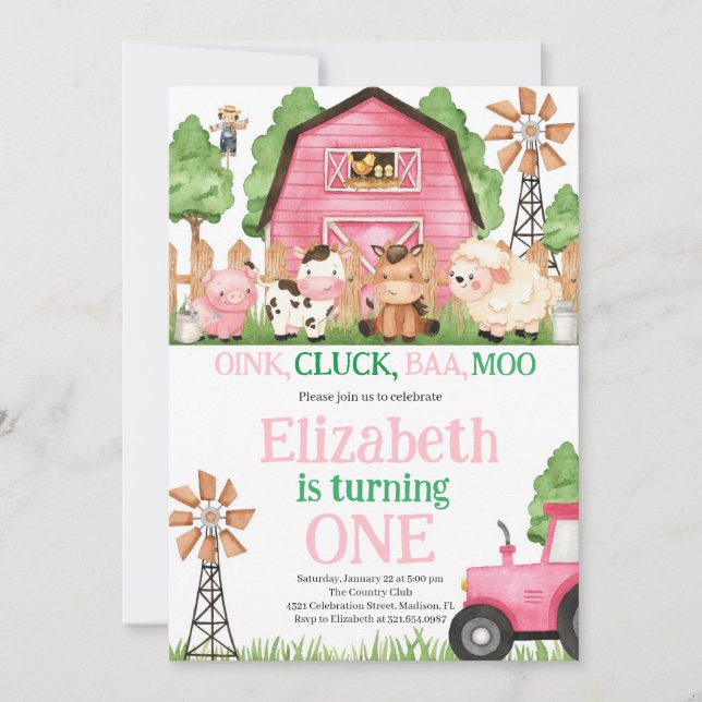 Farm Animals Pink Girl Barnyard Birthday Party Invitation (Front)