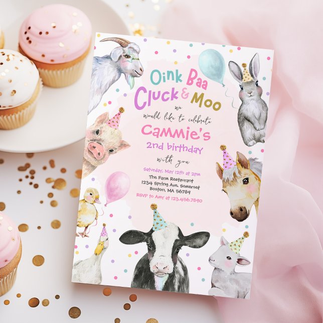  Farm Animals Pink Girl Barnyard Birthday Party Invitation (Creator Uploaded)