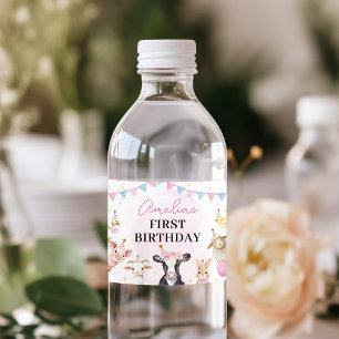 Farm Animals Pink Girl Birthday Water Bottle Label