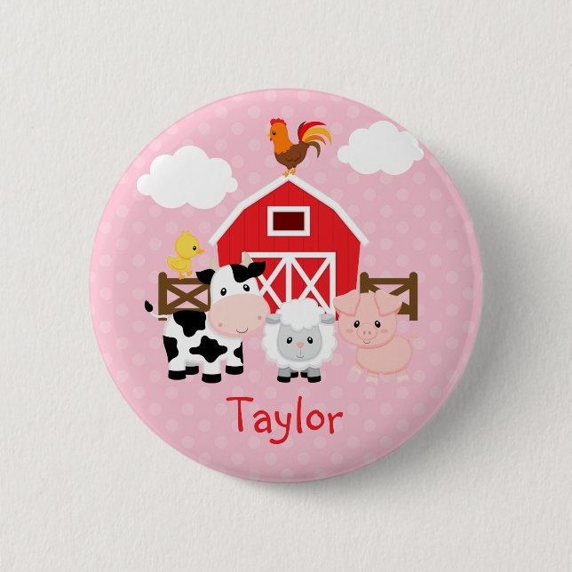 Farm Animals (Pink) Personalised Kids Buttons (Front)