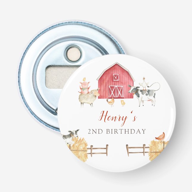 Farm Animals & Red Barn Button Bottle Opener (Front)