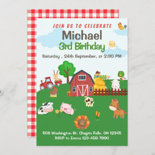 Farm Animals Red Gingham Barnyard Birthday Invitation