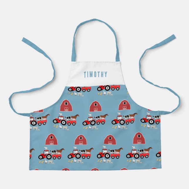 Farm Animals & Red Tractor Barnyard Boys Pattern  Apron (Front)