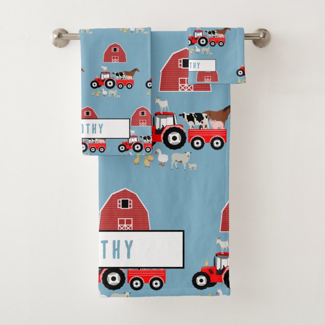 Farm Animals & Red Tractor Barnyard Boys Pattern Bath Towel Set (Insitu)
