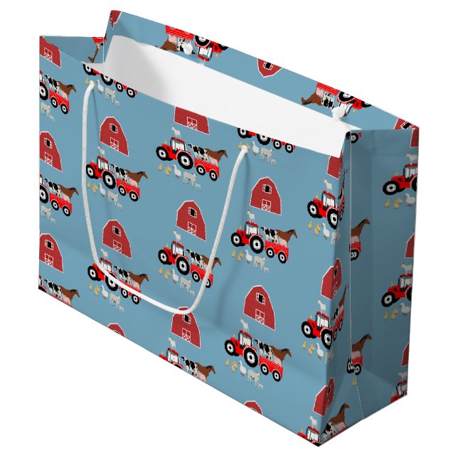 Farm Animals & Red Tractor Barnyard Boys Pattern Large Gift Bag (Front Angled)