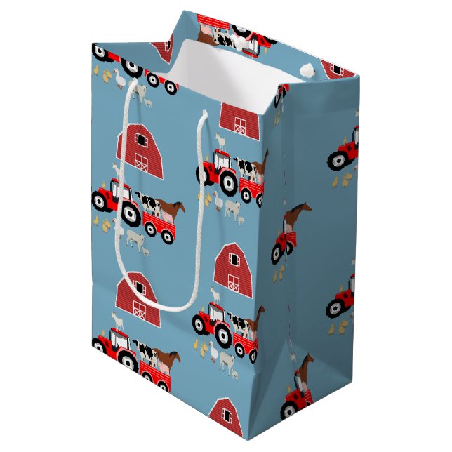 Farm Animals & Red Tractor Barnyard Boys Pattern Medium Gift Bag (Front Angled)