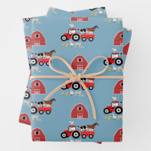 Farm Animals & Red Tractor Barnyard Boys Pattern Wrapping Paper Sheet