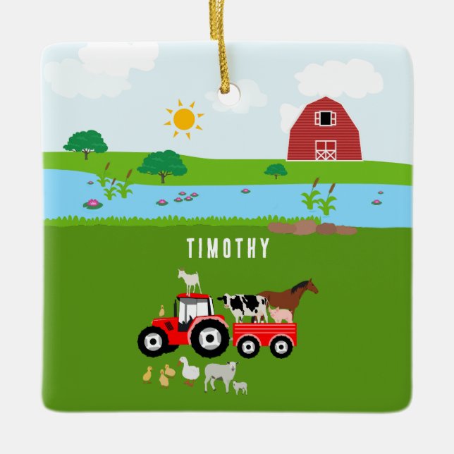 Farm Animals & Red Tractor Barnyard Custom Name  Ceramic Ornament (Front)
