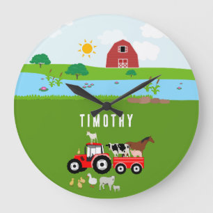 Farm Animals & Red Tractor Barnyard Custom Name Large Clock