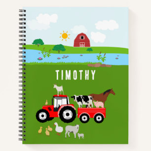 Farm Animals & Red Tractor Barnyard Custom Name Notebook