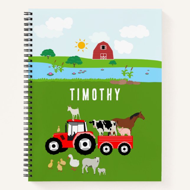 Farm Animals & Red Tractor Barnyard Custom Name  Notebook (Front)
