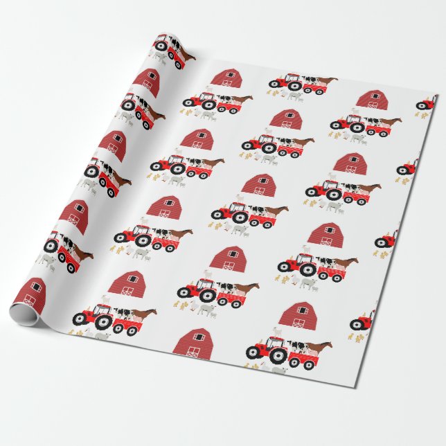 Farm Animals & Red Tractor Barnyard Pattern Wrapping Paper (Unrolled)