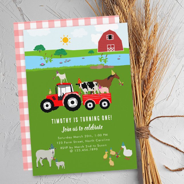 Farm Animals & Red Tractor Birthday Party Theme Invitation (Creator Uploaded)