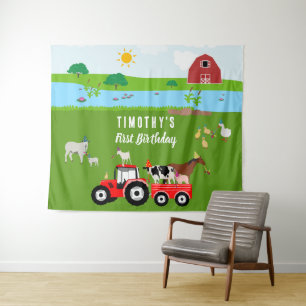 Farm Animals & Red Tractor Birthday Party Theme Tapestry