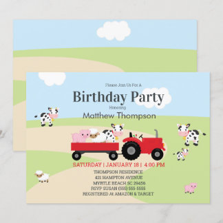 Farm Animals Red Tractor Boys Birthday Party Invitation