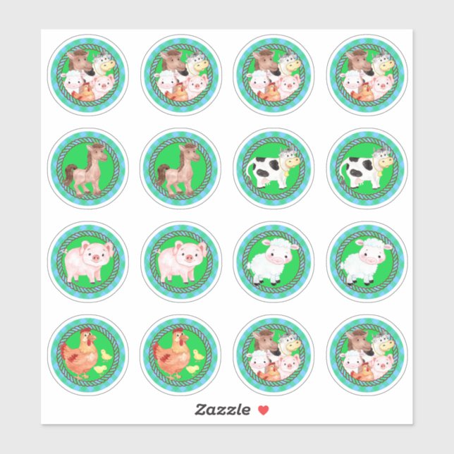Farm animals set barnyard gingham blue green (Sheet)
