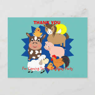 Farm Animals Themed Kids Thank You Postcard