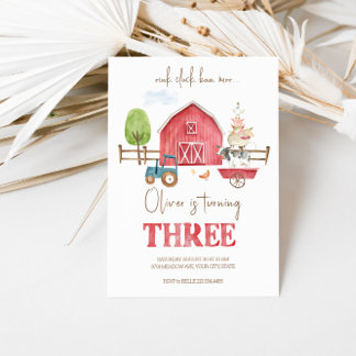 Farm Animals Themed Third Birthday Invitation
