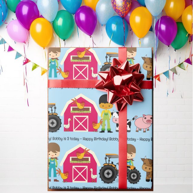 Farm Animals Tractor Add Child's Name Age Wrapping Paper (Creator Uploaded)