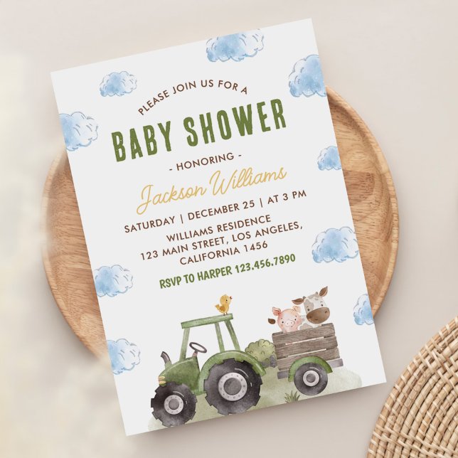 Farm Animals Tractor Gender Neutral Baby Shower Invitation (Creator Uploaded)