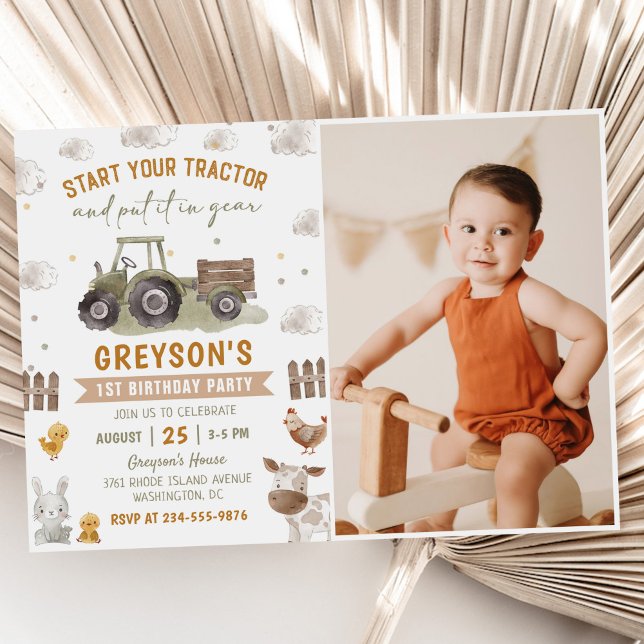 Farm Animals Tractor Kids 1st Birthday Photo Invitation (Creator Uploaded)