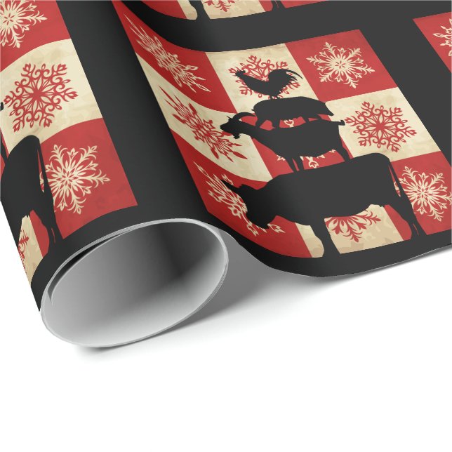 Farm Animals Vintage Style Country Christmas Wrapping Paper (Roll Corner)