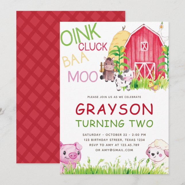 Farm Animals Watercolor  Birthday Invitation (Front/Back)