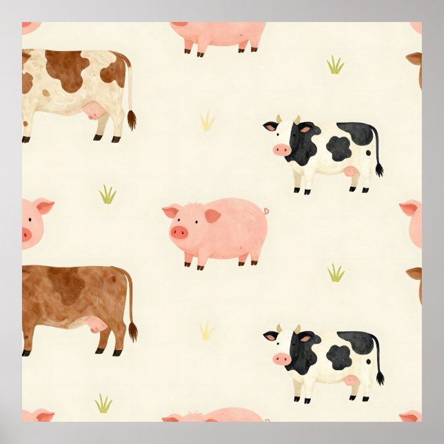 Farm Animals Watercolor Cute Pattern Poster (Front)