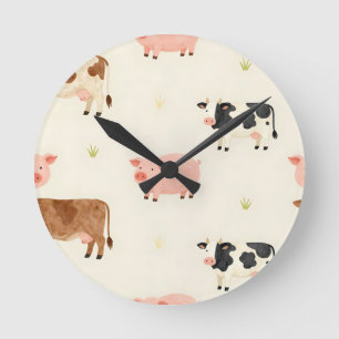 Farm Animals Watercolor Cute Pattern Round Clock