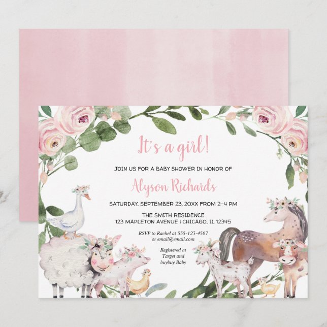Farm animals watercolor floral girl baby shower invitation (Front/Back)