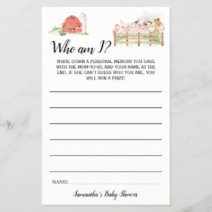Farm Animals Who I am Baby Shower Game Card