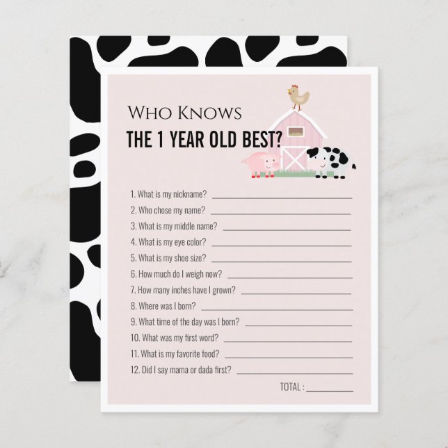 Farm Animals Who Knows 1yo Best 1st Birthday Game (Front/Back)