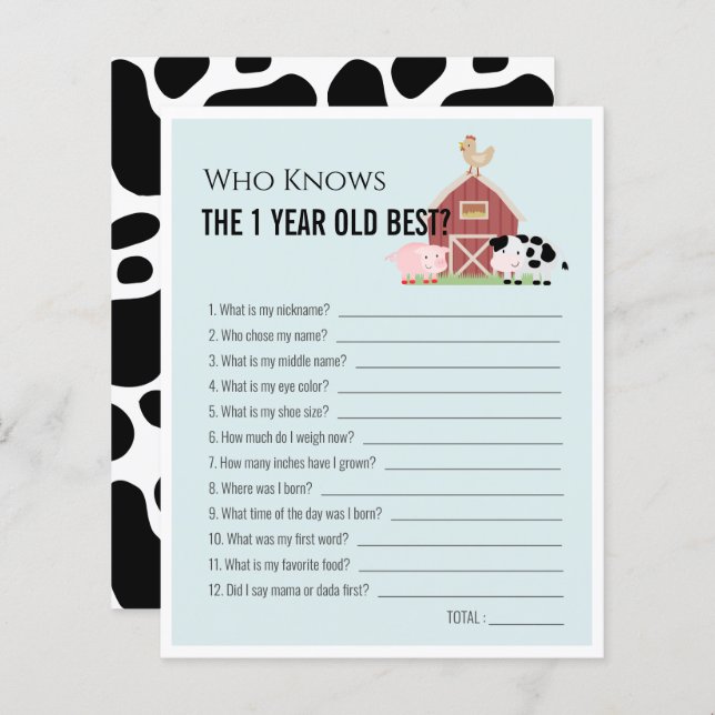 Farm Animals Who Knows 1yo Best 1st Birthday Game (Front/Back)