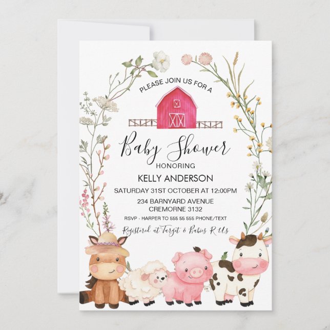 Farm Animals Wildflowers Wreath Baby Shower Invitation (Front)