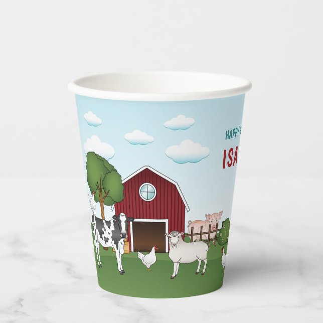 Farm Animals With Red Barn Blue Sky Kid's Birthday Paper Cups (Front)