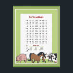 Farm Animals Word Search Postcard<br><div class="desc">Farm animals Word Search Activity Card,  A great way to teach or keep your kids occupied during road trips,  while waiting in a doctors office or anywhere!</div>