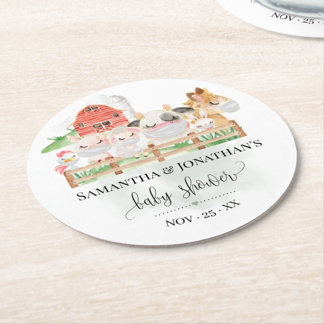 Farm Baby Animals Baby Shower Round Paper Coaster (Angled)