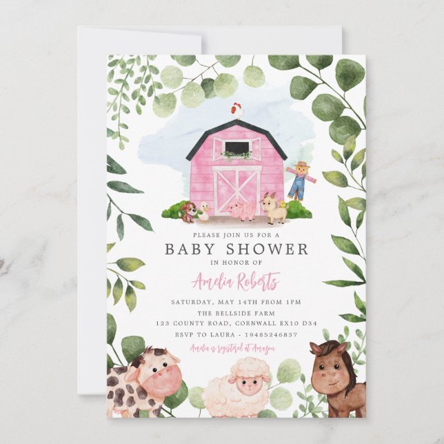 Farm Baby Shower invitation, Pink Barn Invite (Front)
