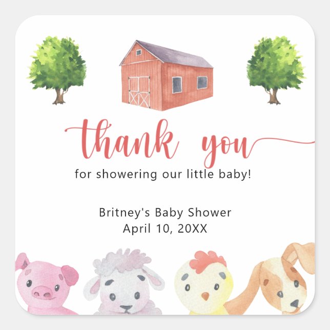 Farm baby shower - thank you square sticker (Front)