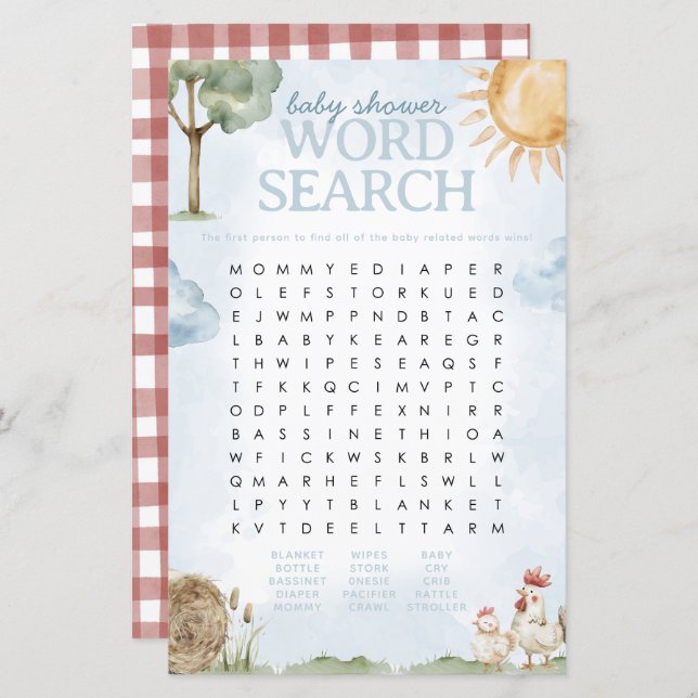 Farm Baby Shower Word Search Game (Front/Back)