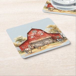 Farm Barn Animals Country Wedding Square Paper Coaster